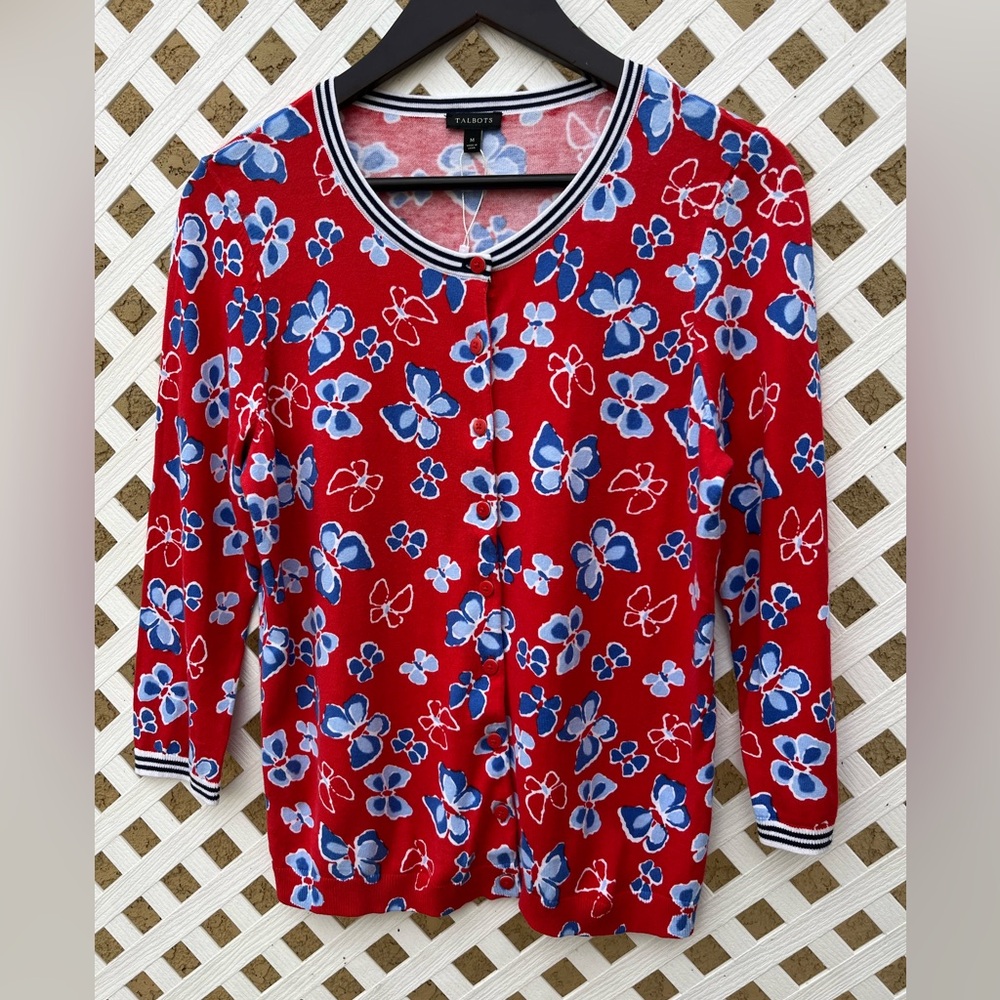 Talbots Sweater Cardigan Crew Neck Buttoned Butterflies Medium